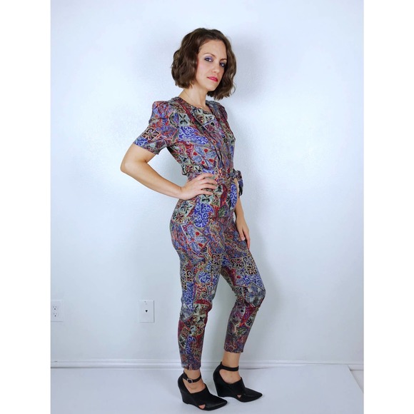 vintage 90s bold ABSTRACT PRINT Puff Sleeve JUMPSUIT xs/s rayon skinny legs boho - Picture 4 of 10
